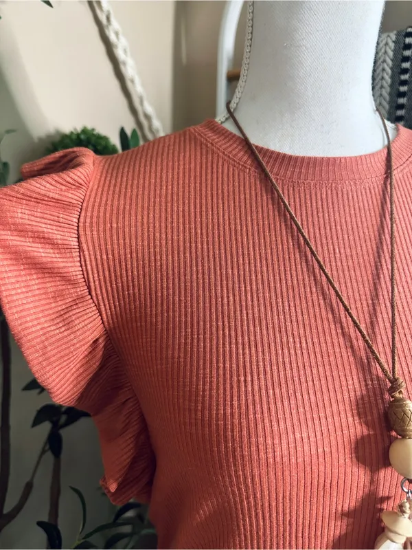 Grace + Karma Rust Burnt Orange Ribbed Flutter Sleeve Top Small Fall Boho - Image 3