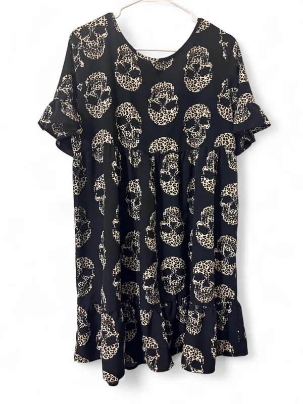 Emory Rose Black Skull-Print V-Neck Babydoll Dress/Top Sz M - Image 8
