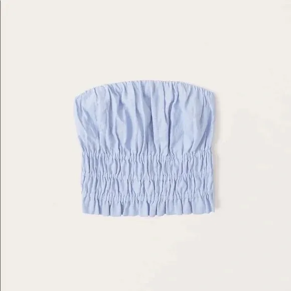 Abercrombie & Fitch Blue Strapless Linen-Blend Ruched Top - Image 2