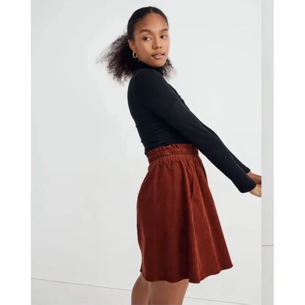 Madewell Brown Corduroy Paperbag Button-Front Mini Skirt Dusty Redwood Sz S - Image 2
