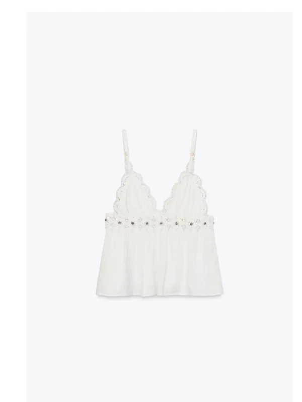 Zara ZARA‎ COMBINED LACE TOP WITH BEADS, WHITE - Image 3