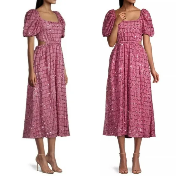 Elliatt Aubree Puff‎ Sleeve Sequin Metallic Midi Dress Size XS - Image 3