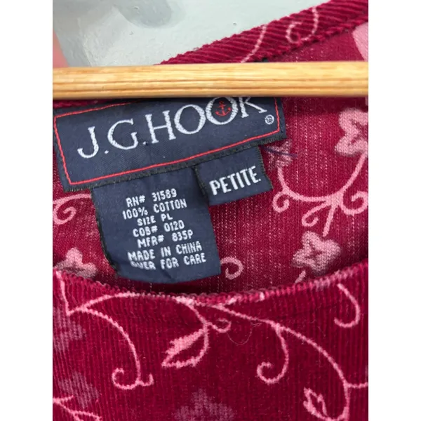 Vtg 80s JG‎ Hook Pinafore Dress Petite L Burgundy Corduroy Floral Modest Cottage - Image 2