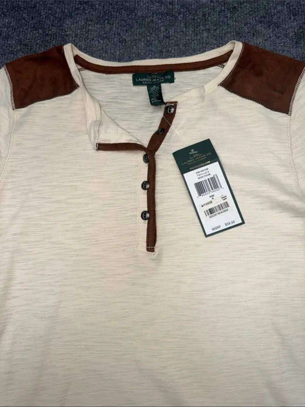 Ralph Lauren Cream Henley Top with Brown Shoulder Accents - Image 4
