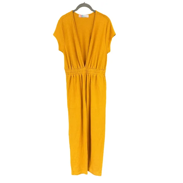 Free People Beach Rita One Piece Mustard Yellow Plunge Terry Jumpsuit Size Small - Image 3
