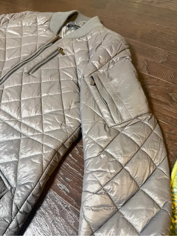 French Connection Large Silver Quilted Longline Bomber Jacket Coat - Image 6