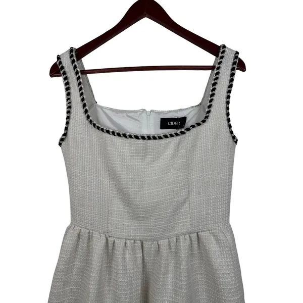 Cider Dress S Ivory Metallic Tweed Braided Trim Square Neck Mini Pockets NEW - Image 3