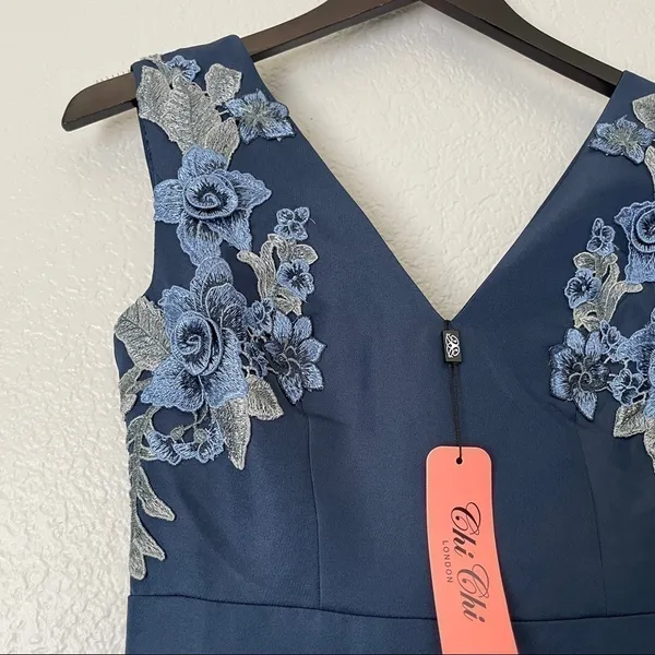 NWT CHI CHI LONDON Appliqué Fit Flare Party Dress Navy 4 - Image 8