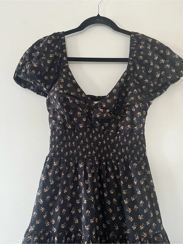 Black Orange Floral Print Puff Sleeve Smocked Midi Dress Medium Cottagecore - Image 2
