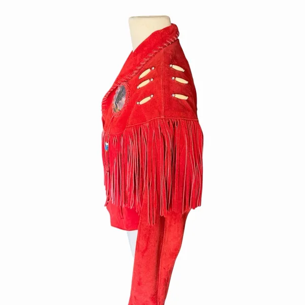 Vintage Red Suede Fringe Jacket Eagle Beaded Western Southwestern Women’s Large - Image 12