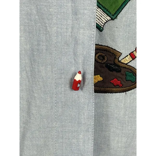 90s Teacher Embroidered School Theme Dressbarn Blue Button Up Long Sleeve Top L - Image 5