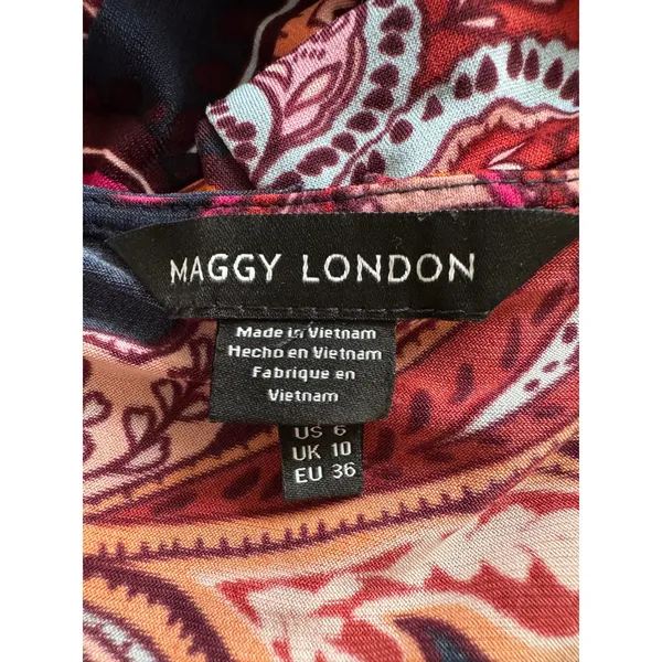 Maggy London Navy & Coral V-Neck Smocked Waist 3/4 Sleeve Stretch Maxi Dress - Image 8