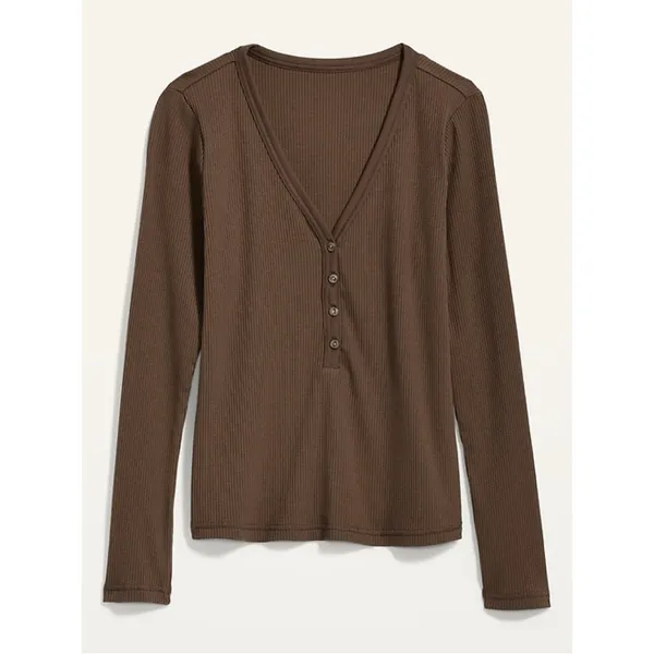 Old Navy Women’s Fitted Long-Sleeve Rib-Knit Henley Top Shirt in Espresso Bark L - Image 3