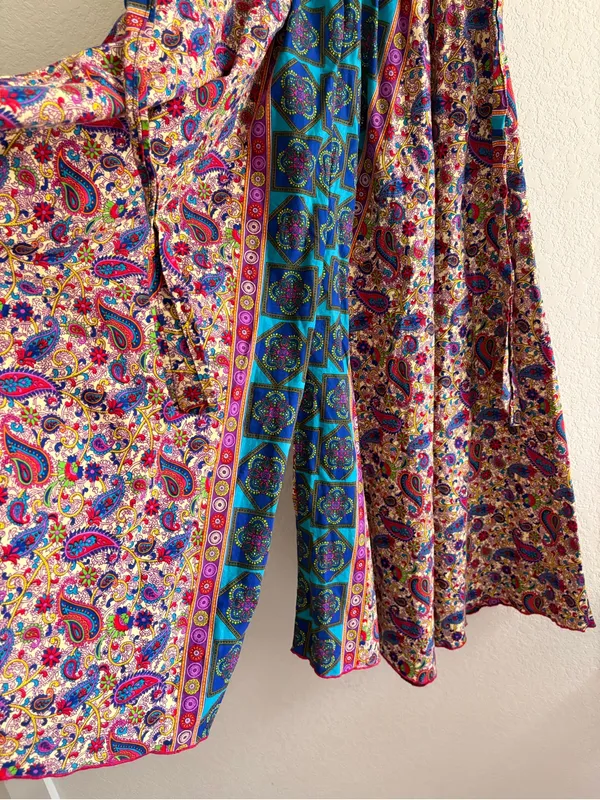Handmade Boho Paisley Wide Leg Palazzo Pants Smocked Waist Floral Border XS/S - Image 3