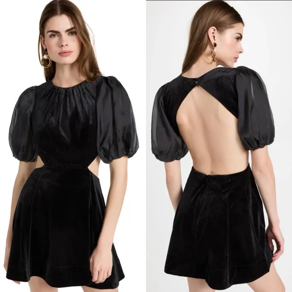 Bardot Marina Velvet Backless Mini Dress Black Womens 6 Medium Sheer Sleeves New - Image 2