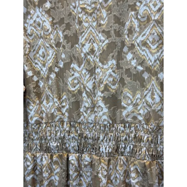 Cupio Midi Dress Women L Tan Gold Geometric Smocked Tiered Boho - Image 8