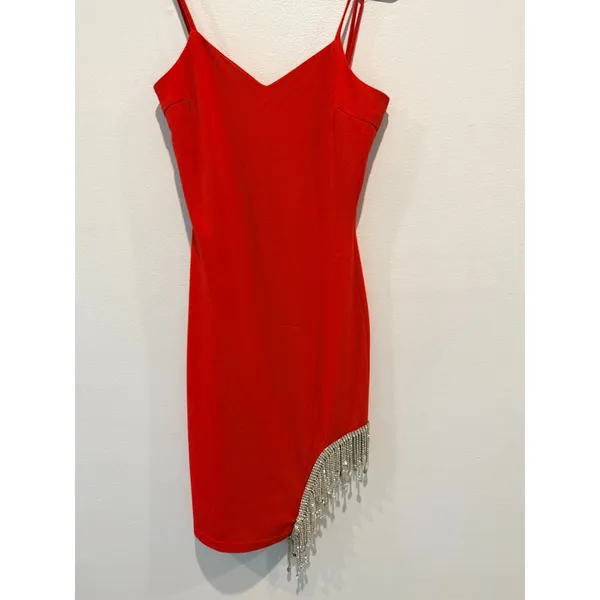 Mini Dress with Rhinestone Dangle Red Size M - Image 2