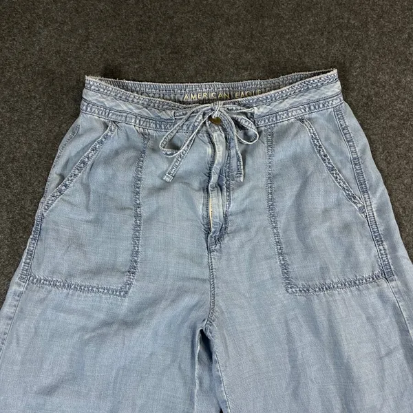 American Eagle Light Wash Lyocell Wide Leg Crop Drawstring Pants Blue 4 Short - Image 9