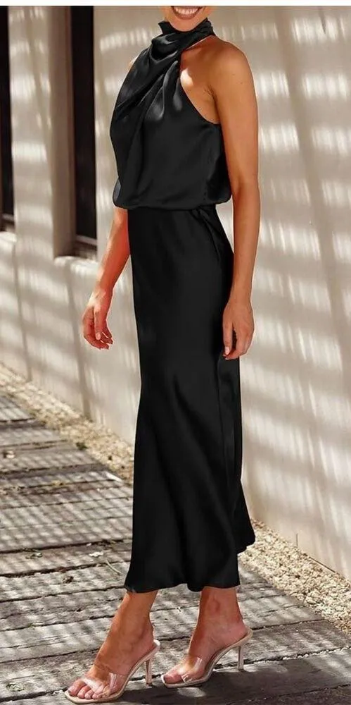 NEW Satin Elegant Sleeveless Mock Neck Cocktail Maxi Dress L - Image 6