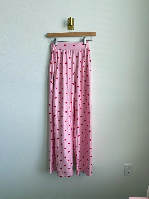 Pink Red Heart Print Matching Pajama Set Button Down Wide Leg Pants Size Medium - Image 12