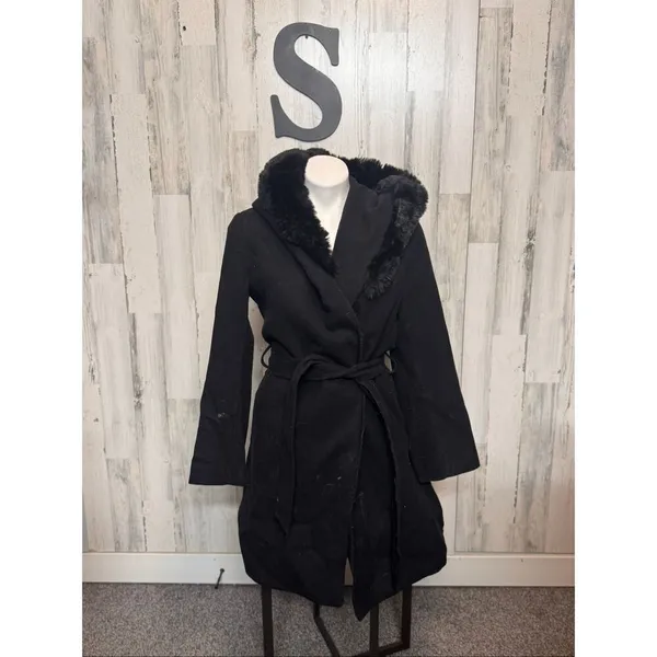 H&M Black Trench Coat Small | Faux Fur Collar Hooded Belted Winter Coat - Image 2