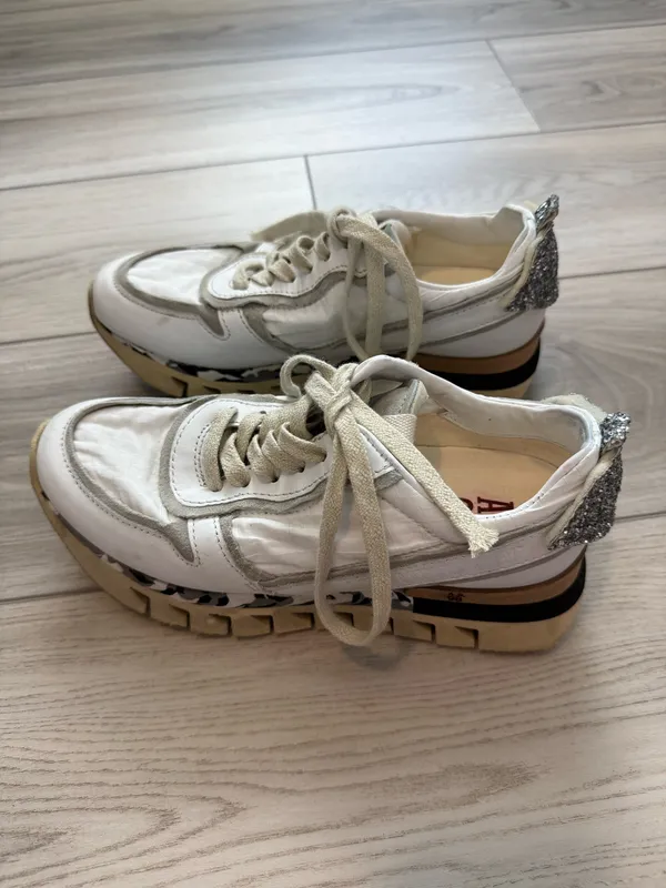 A.S.98 Women’s Leather Sneakers White Beige Silver Glitter Chunky - Image 3