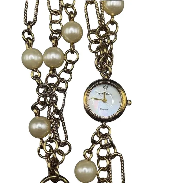 Anne Klein Women's Chunky Bracelet Watch Gold Faux Pearl Wrap Bracelet - Image 5