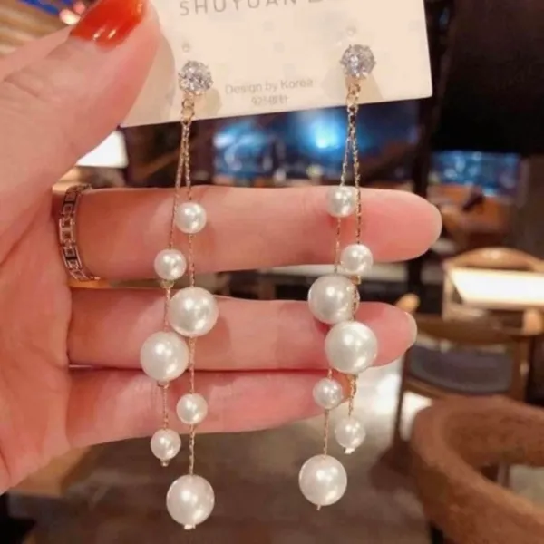 Women's White Pearl Long Tassel Dangle Drop Earrings - Image 3