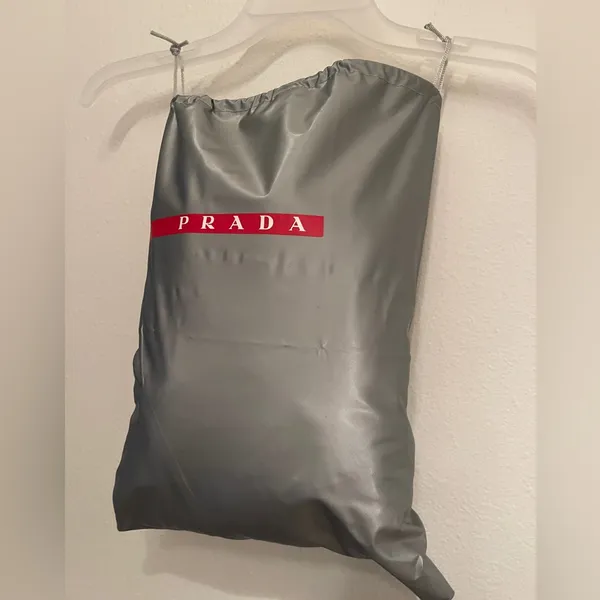 PRADA Nylon Drawstring Dust Bag Gray Red White PRADA Stripe Logo - Image 2