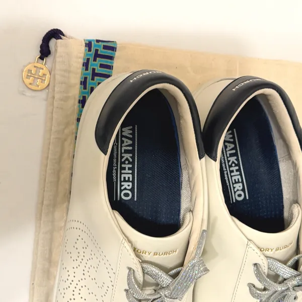 Tory Burch Leigh Sneaker Ivory White Leather Silver Glitter Lace 9.5M 83603 - Image 7