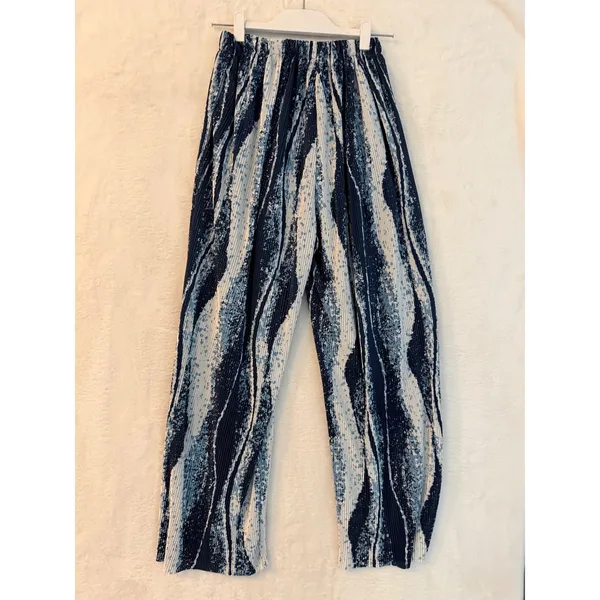 Realtakai Blue Abstract Wave Print‎ Pleated Wide Leg Pants Large - Image 6