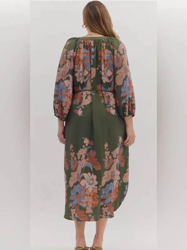 New!Entro Boutique Floral Tie-Waist Midi Dress in Olive Size 2X - Image 5