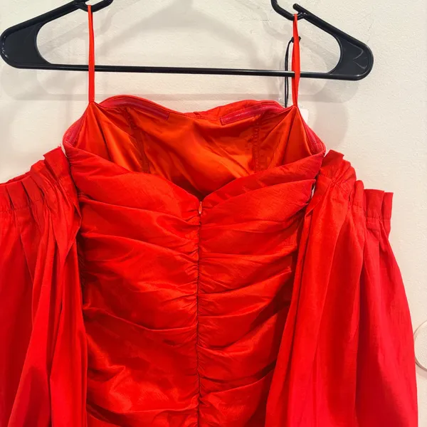 Bardot Marissa Mini Dress Red Ruched Taffeta Off Shoulder Balloon Sleeve XS NEW - Image 7