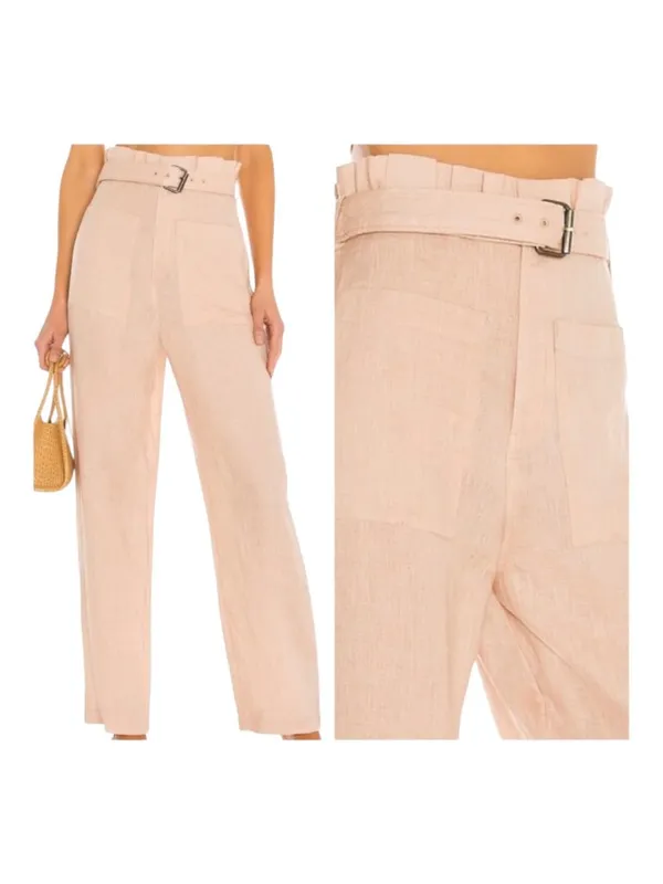 Tularosa‎ Pants Women Small Pink Paloma Linen Belted Paper Bag Wide Leg Preppy - Image 2