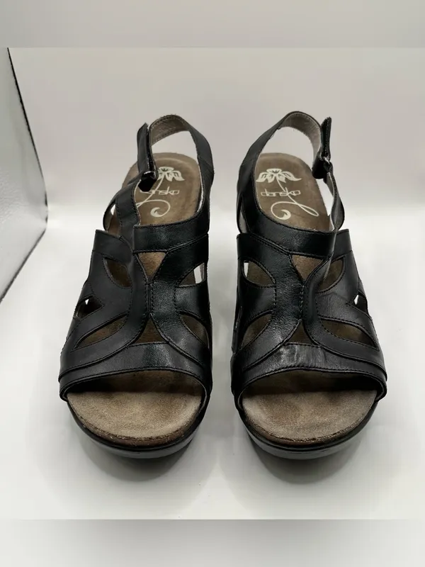 Dansko Felicia black leather wedge sandals, stylish strappy cut-out upper 39 - Image 2