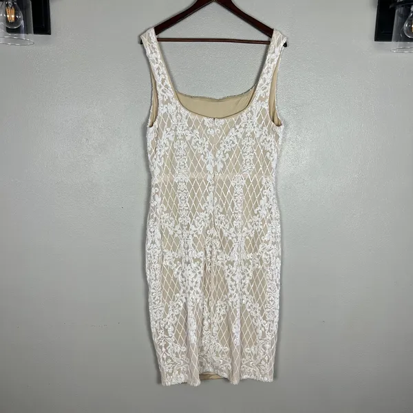 Ricarica Midi Dress‎ Sequin Mesh Womens 1X White Beige Lined Slit Sheath Fitted - Image 8