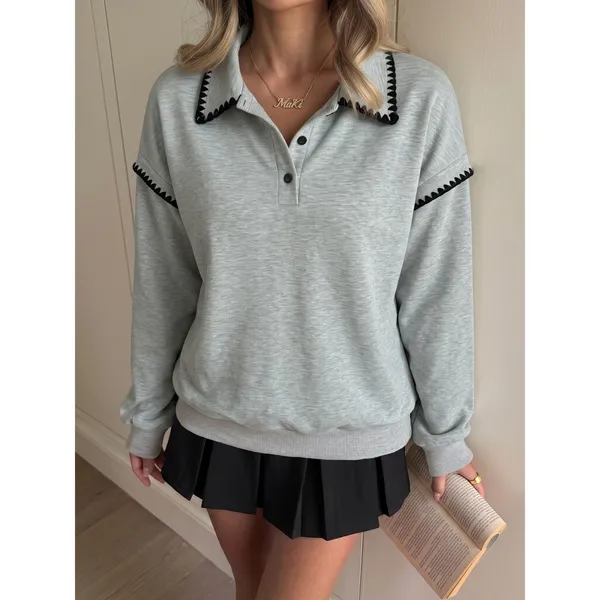Polo Collar Dropped Shoulder Sweatshirt - Image 4