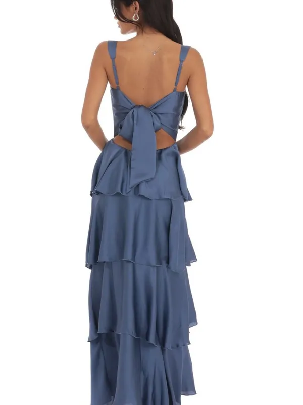 Lucy in the Sky Satin Ruffle Maxi Dress in Slate Blue Size Large - Image 2