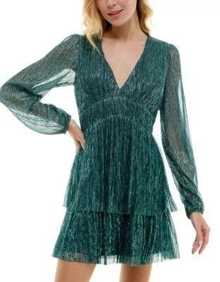 Trixxi Pleated Emerald Green Metallic Tiered Sparkle Mini Dress - Image 3