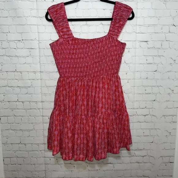 Free People Sweet Annie Smocked Mini Dress Pink Red Geometric Tiered‎ Ruffle Med - Image 5