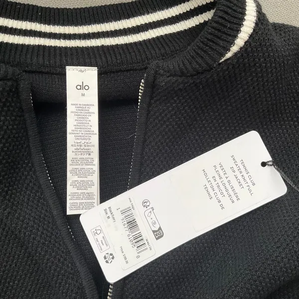 Alo Yoga Tennis Club Sweater Knit Full Zip Jacket Black/Ivory M - Image 4
