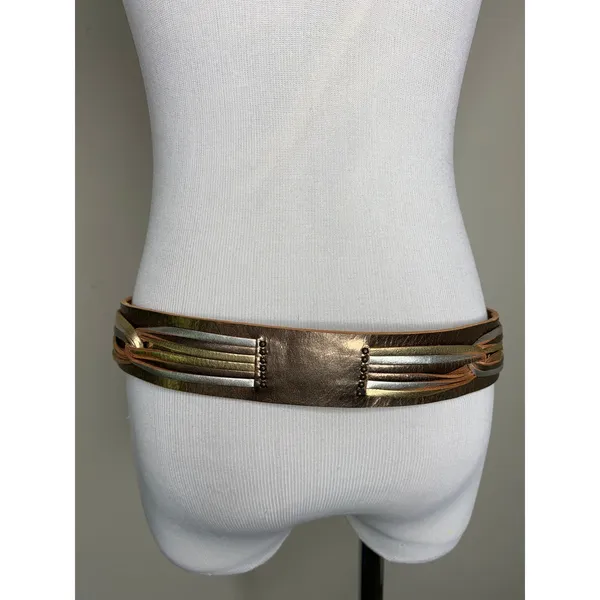 Fossil Gold Silver Wide Leather Belt Sz Medium - Image 3