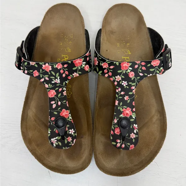 Birkenstock Papillio Black and Pink Floral Sandals with Cork Footbed Sz 6-6.5 - Image 2