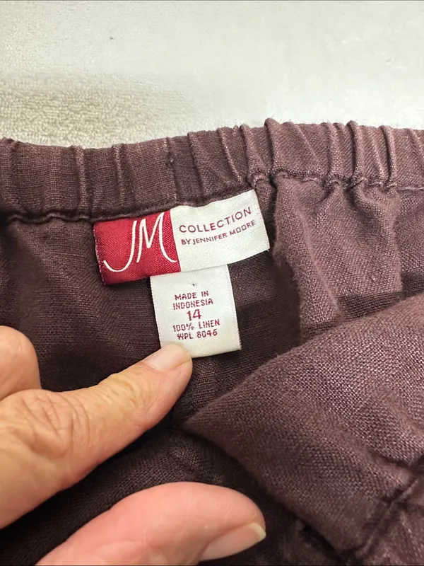 Women's Cropped Elastic-Waist Pants in Deep Brown 100% washable linen - Image 3