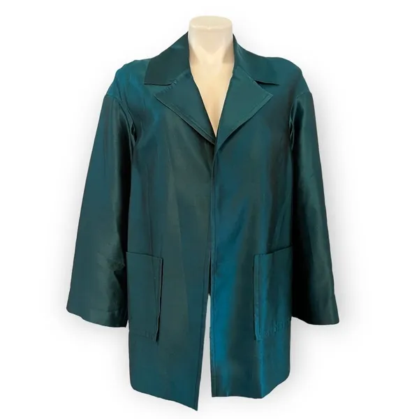 ST. JOHN COUTURE Sharkskin Silk Wool Blend Teal Open Front Jacket Blazer Size 8 - Image 8