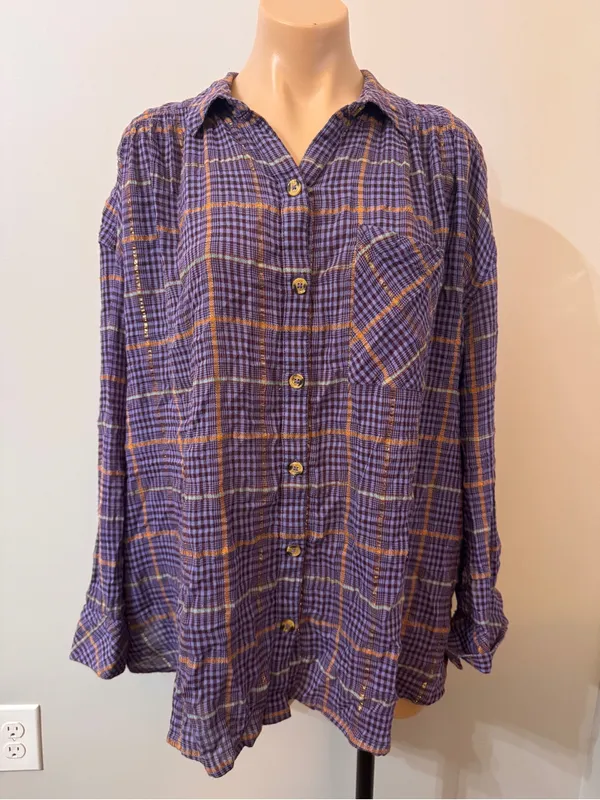 Free People Break My Stride Purple Plaid Button Down Shirt Top Medium - Image 2