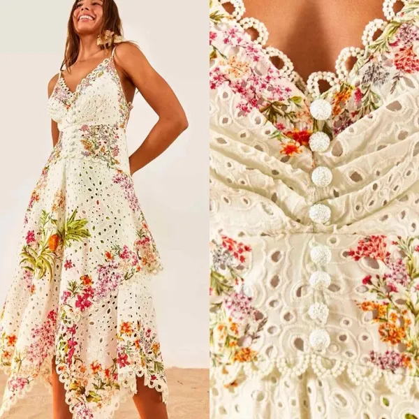 FARM RIO Delicate Forest Scarves Midi Dress Eyelet Lace Asymmetric Size XS - Image 11