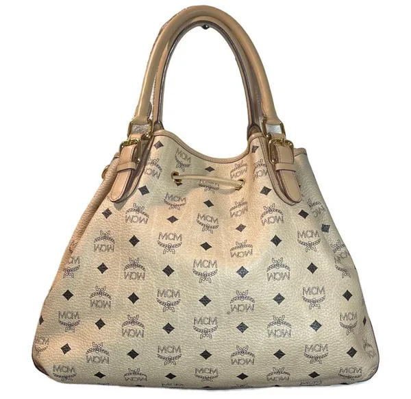 Vintage MCM Cream Visetos Monogram Drawstring Bucket Shoulder Bag Tote - Image 2