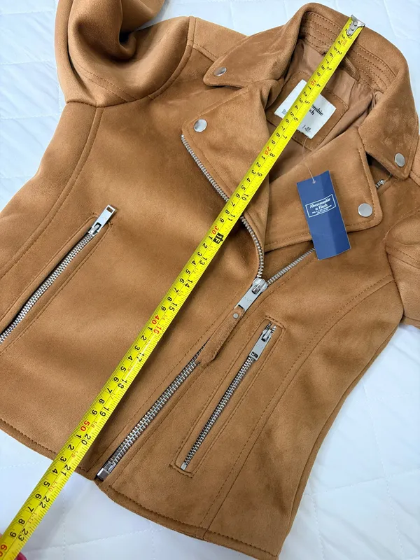 Abercrombie & Fitch Faux Suede Moto Jacket Camel Brown Biker Cropped Y2K Size XS - Image 7
