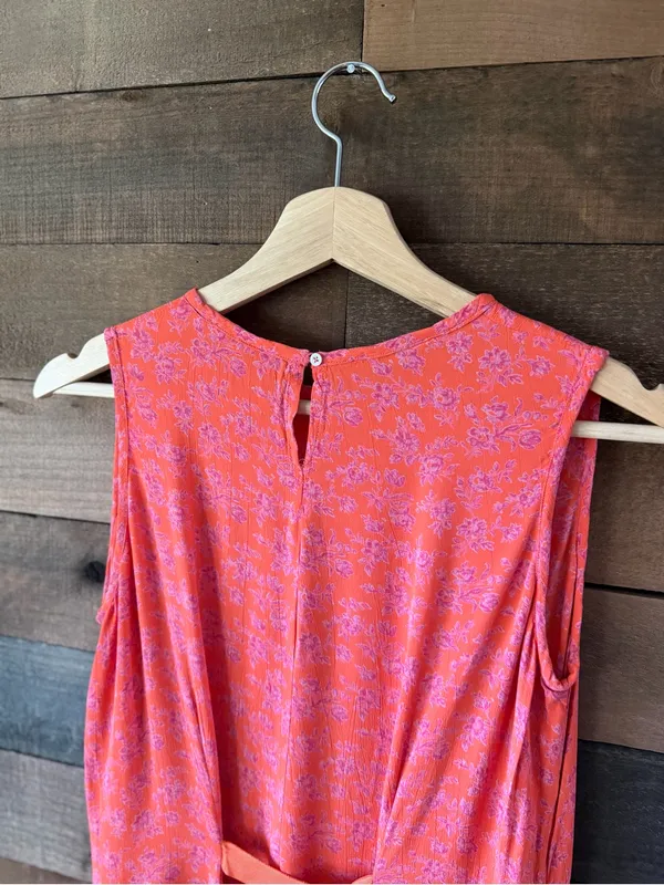 Vintage Floral Maxi Dress Coral Pink Sleeveless Tie Back Boho Medium - Image 5